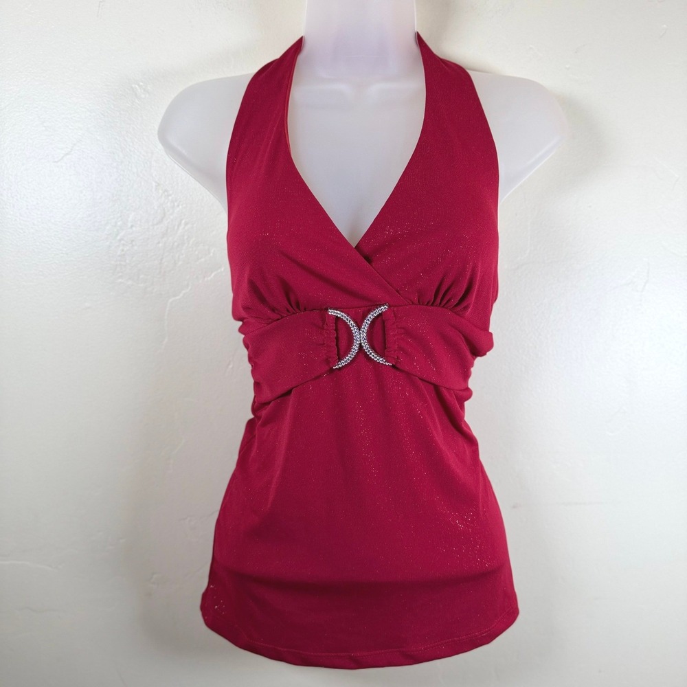 VTG Y2K Julies Closet Red Halter Top Size M Rhinestone Buckle Glam Party Sparkle
